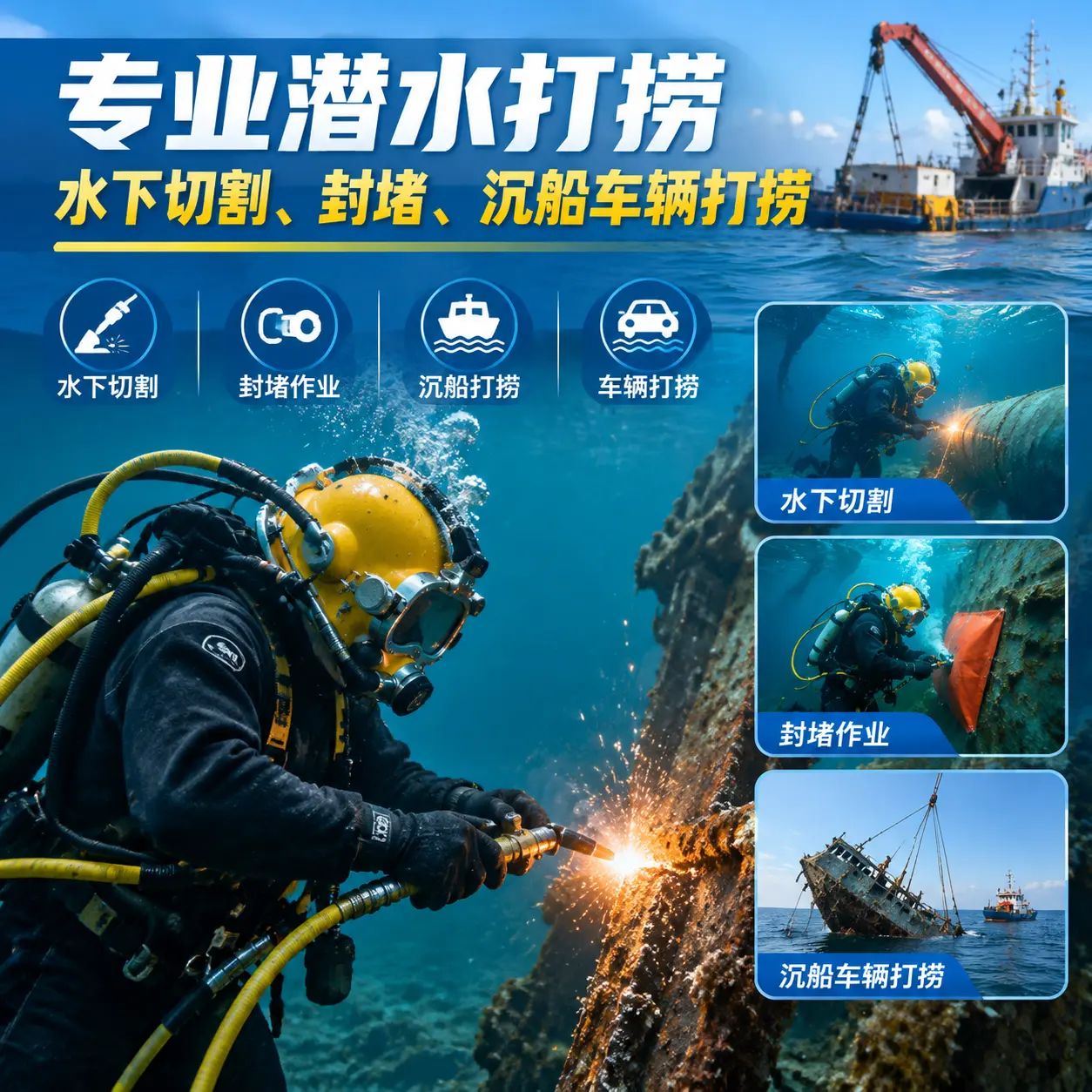 专业潜水打捞｜水下切割、封堵、沉船车辆打捞潢川